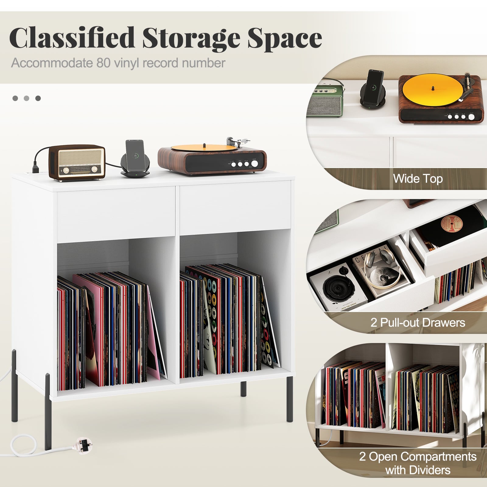 Record Player Stand with Power Outlets and Drawers for Living Room-White