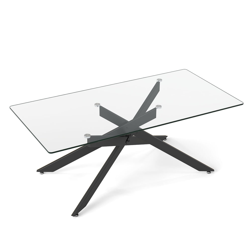 Rectangle Glass Coffee Table with Tempered Glass Top and Metal Tubular Legs-Black