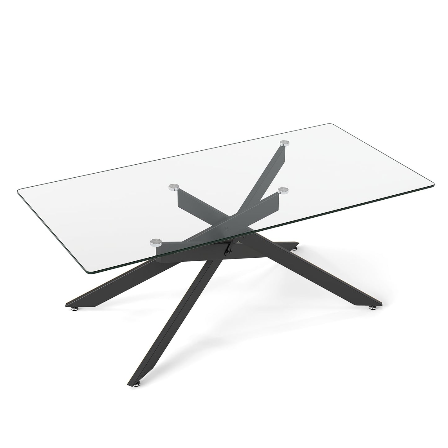 Rectangle Glass Coffee Table with Tempered Glass Top and Metal Tubular Legs-Black