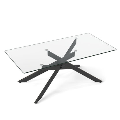 Rectangle Glass Coffee Table with Tempered Glass Top and Metal Tubular Legs-Black