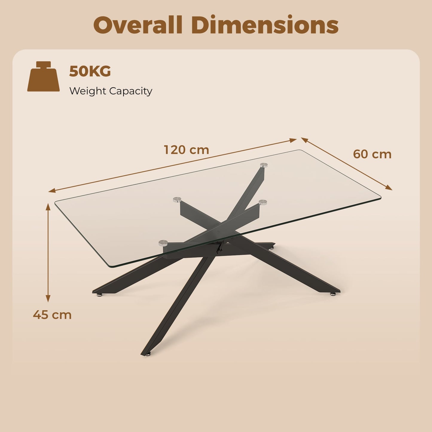 Rectangle Glass Coffee Table with Tempered Glass Top and Metal Tubular Legs-Black