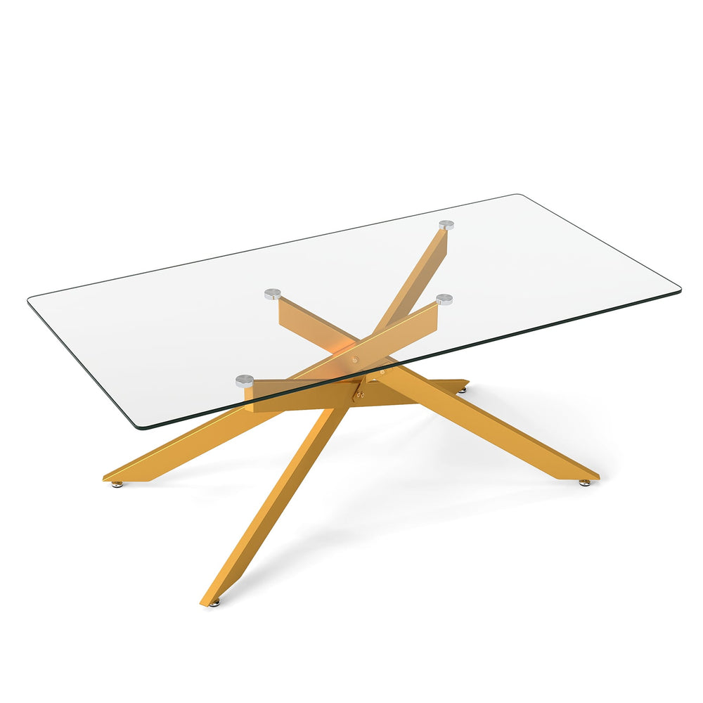 Rectangle Glass Coffee Table with Tempered Glass Top and Metal Tubular Legs-Golden