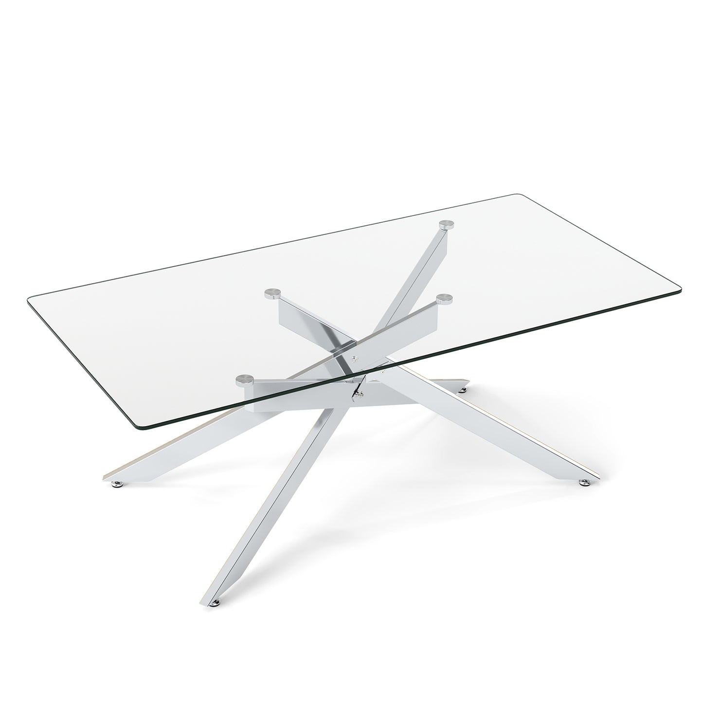 Rectangle Glass Coffee Table with Tempered Glass Top and Metal Tubular Legs-Silver