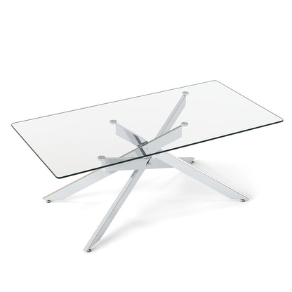 Rectangle Glass Coffee Table with Tempered Glass Top and Metal Tubular Legs-Silver