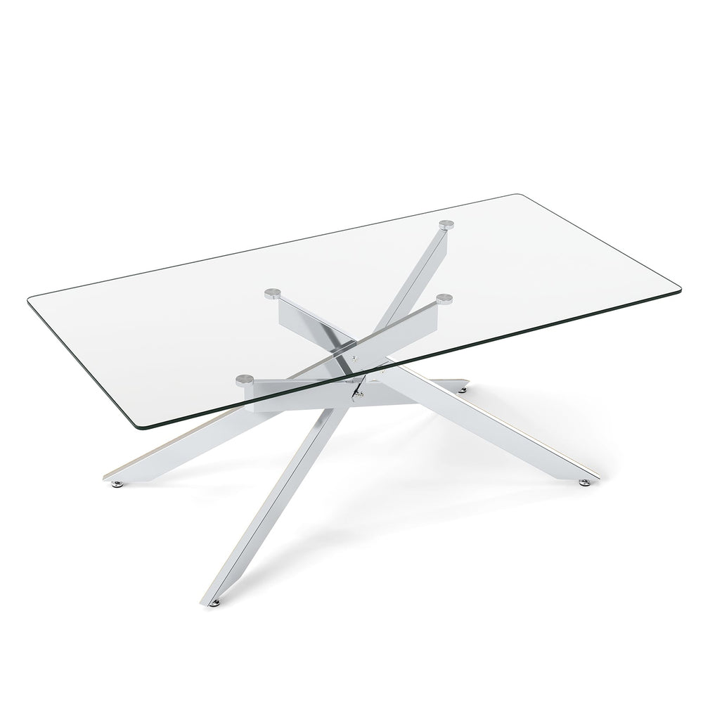 Rectangle Glass Coffee Table with Tempered Glass Top and Metal Tubular Legs-Silver