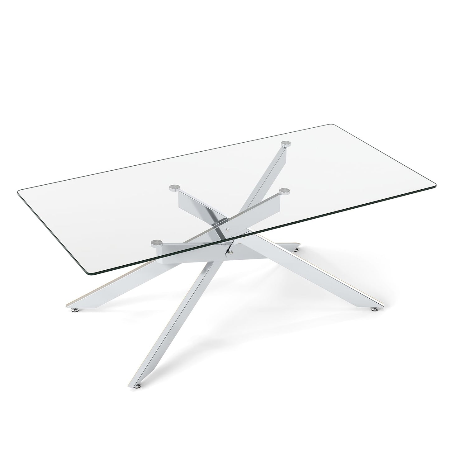 Rectangle Glass Coffee Table with Tempered Glass Top and Metal Tubular Legs-Silver