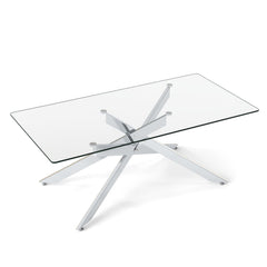 Rectangle Glass Coffee Table with Tempered Glass Top and Metal Tubular Legs-Silver
