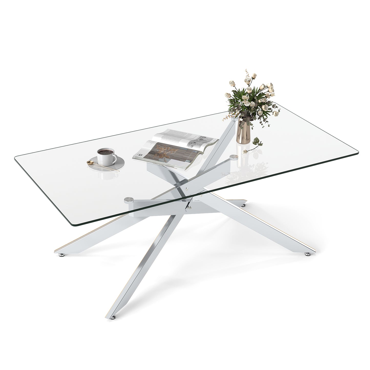 Rectangle Glass Coffee Table with Tempered Glass Top and Metal Tubular Legs-Silver