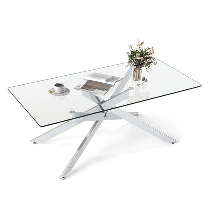 Rectangle Glass Coffee Table with Tempered Glass Top and Metal Tubular Legs-Silver
