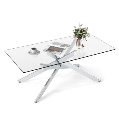 Rectangle Glass Coffee Table with Tempered Glass Top and Metal Tubular Legs-Silver