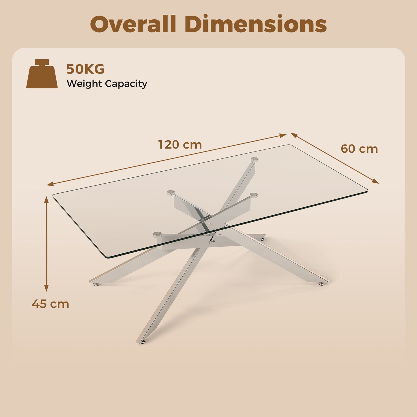 Rectangle Glass Coffee Table with Tempered Glass Top and Metal Tubular Legs-Silver