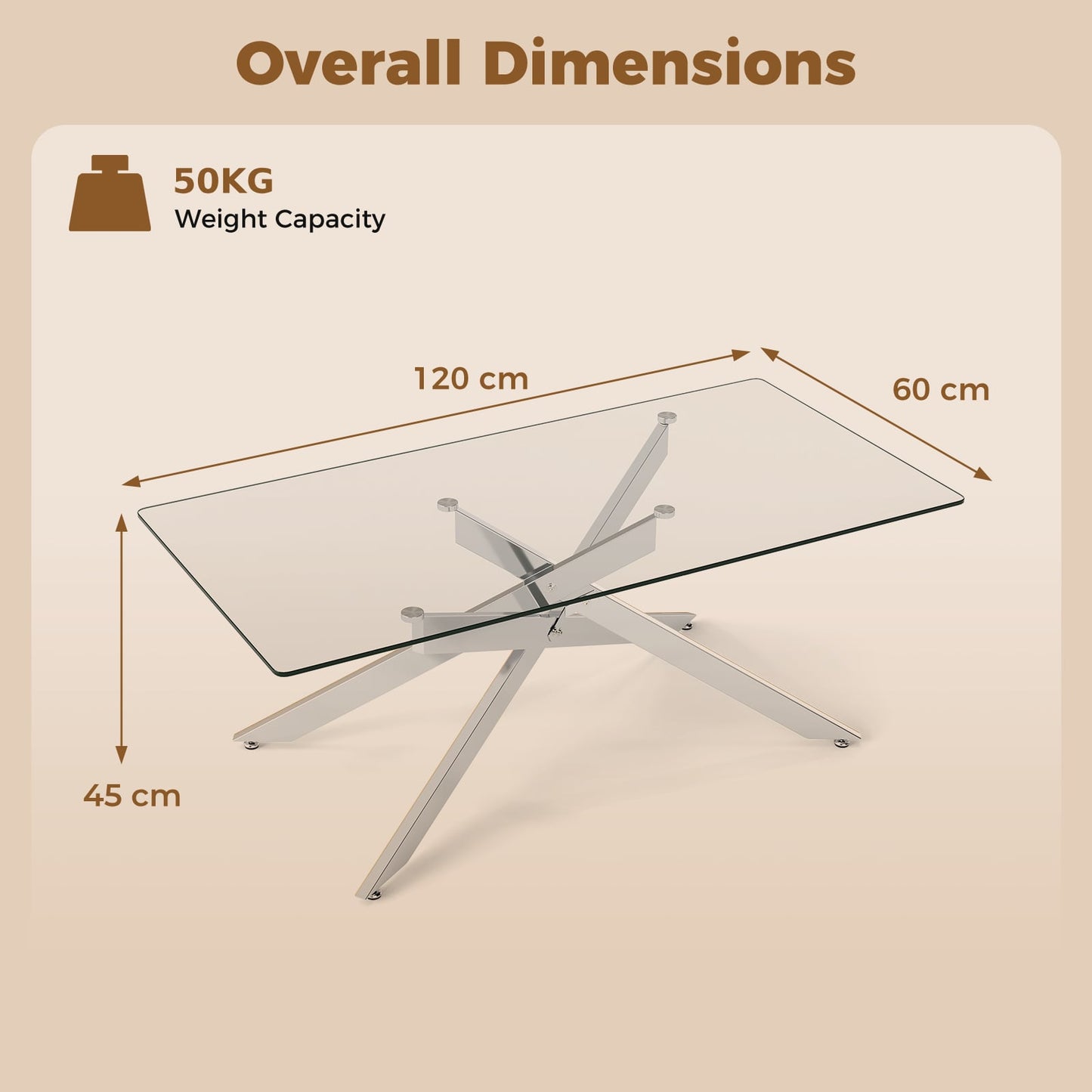 Rectangle Glass Coffee Table with Tempered Glass Top and Metal Tubular Legs-Silver