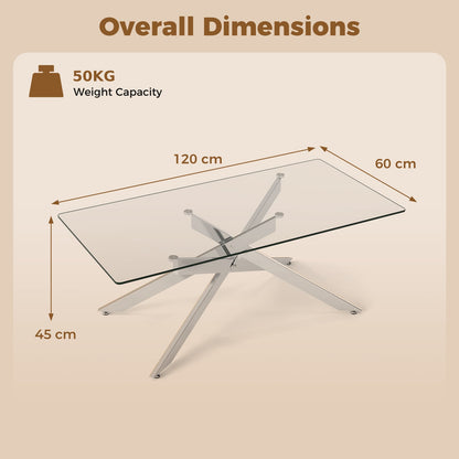 Rectangle Glass Coffee Table with Tempered Glass Top and Metal Tubular Legs-Silver