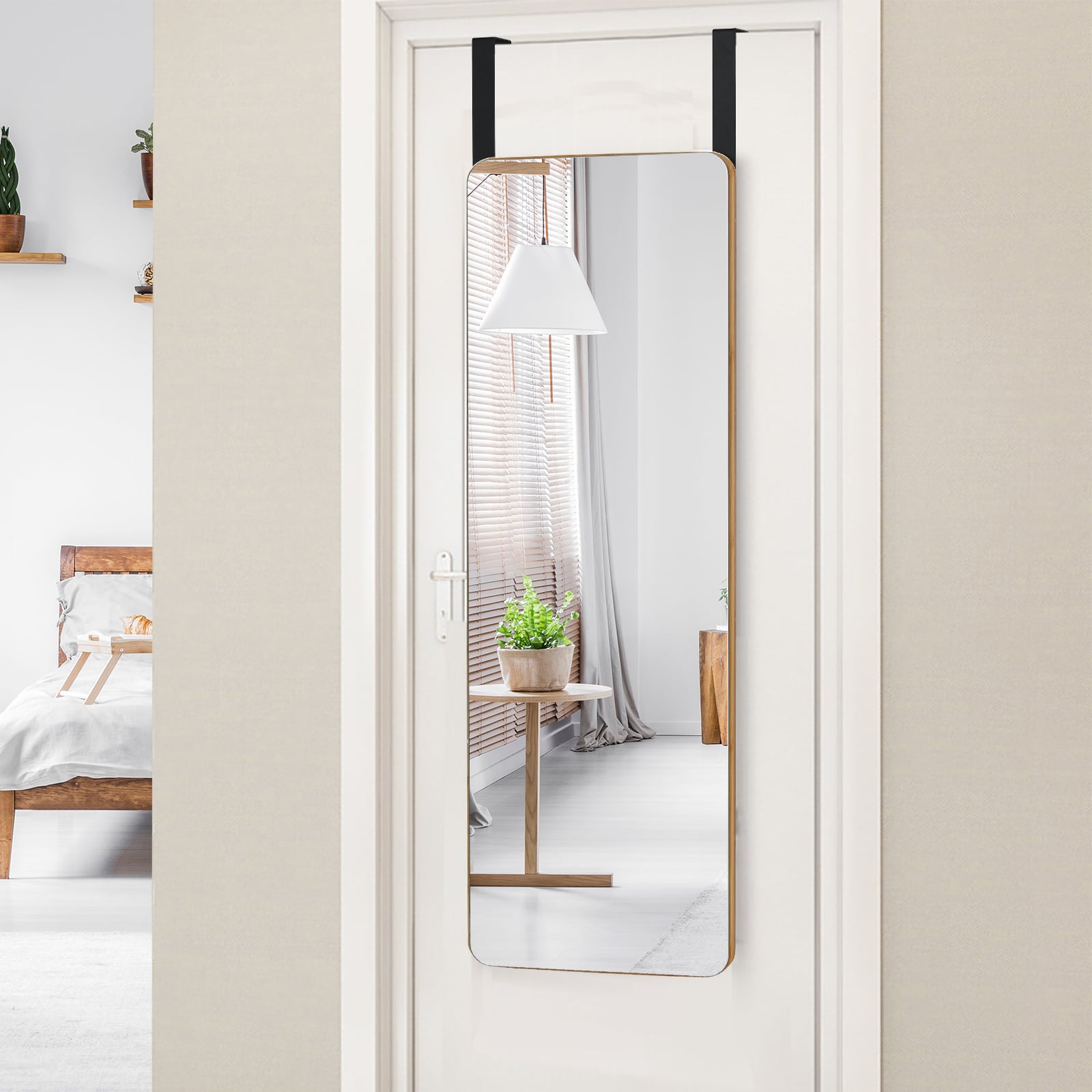 Rectangle Wall Mounted Mirror with Bamboo Frame and Round Corners-Natural