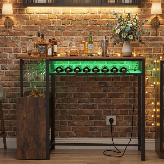 Rectangular Bar Table with RGB Light and 8-Bottle Wine Rack-Rustic Brown