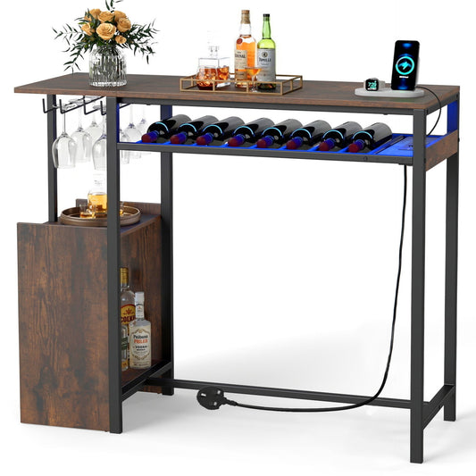 Rectangular Bar Table with RGB Light and 8-Bottle Wine Rack-Rustic Brown