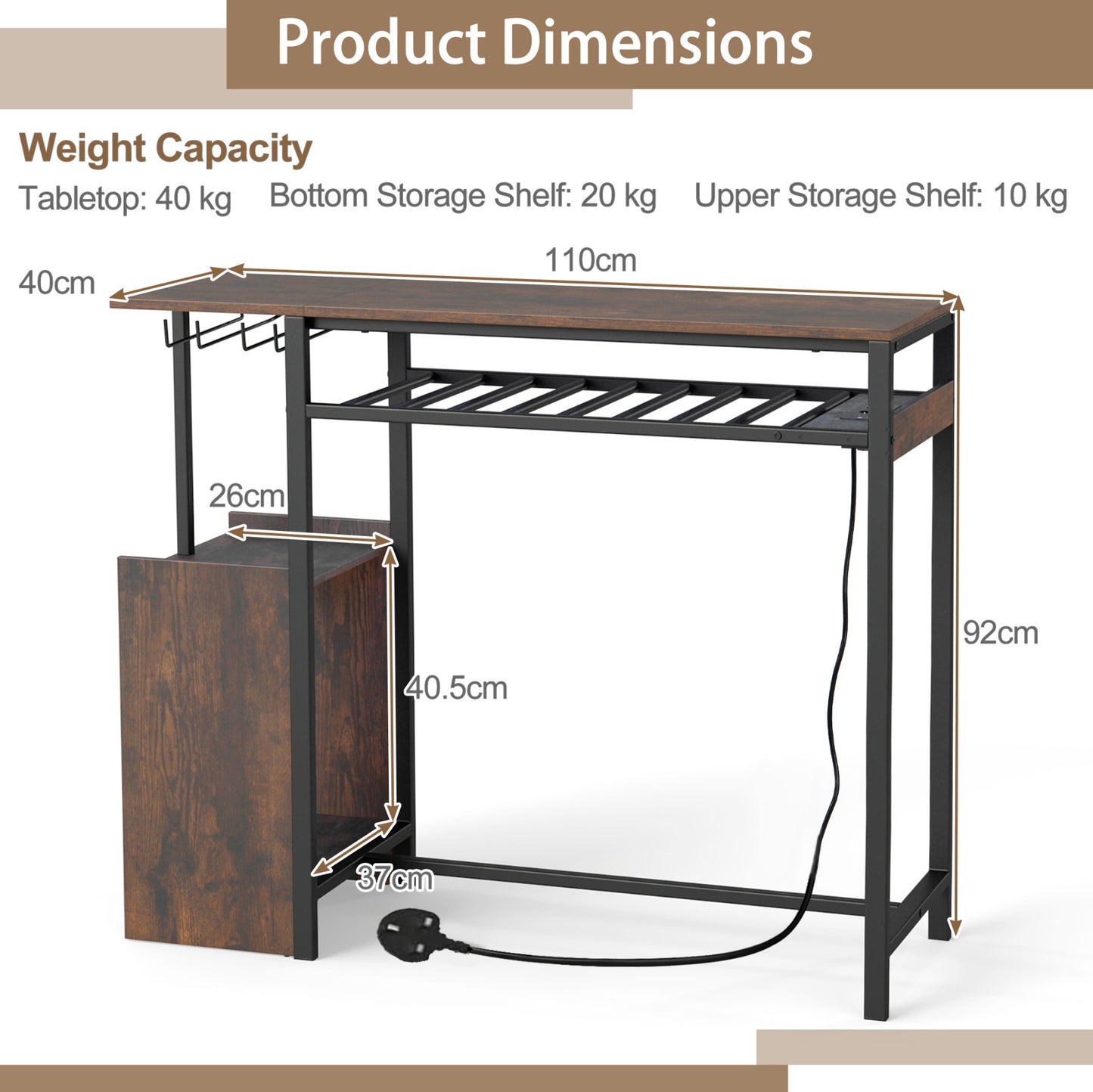 Rectangular Bar Table with RGB Light and 8-Bottle Wine Rack-Rustic Brown
