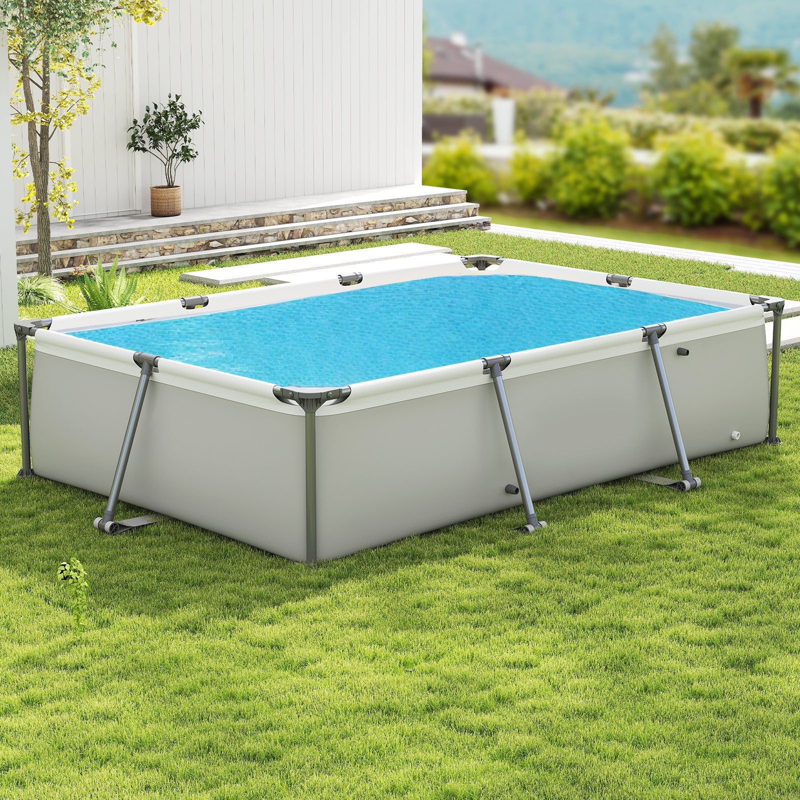 Rectangular Large Swimming Pool Set with Filter Pump-Grey