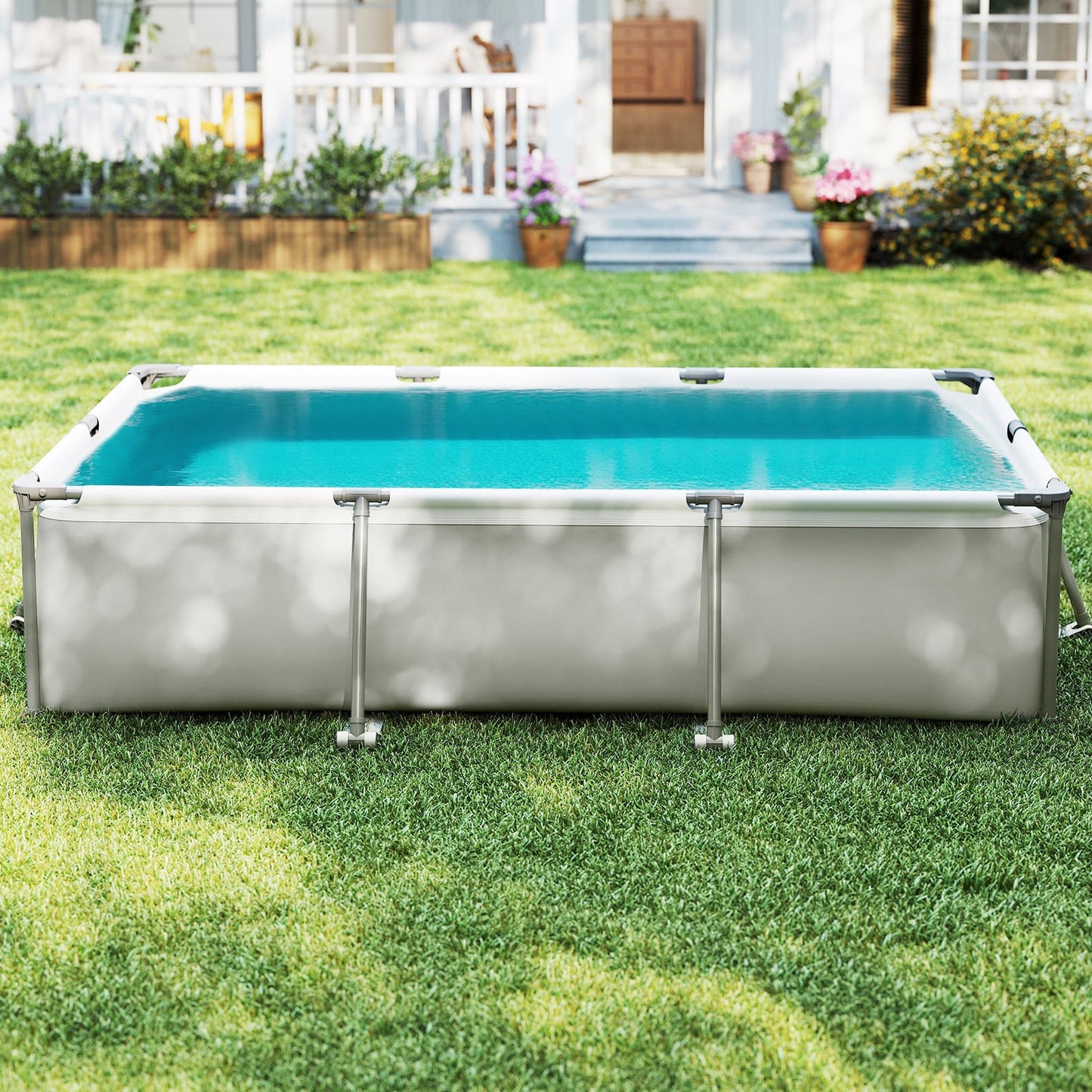 Rectangular Large Swimming Pool Set with Filter Pump-Grey