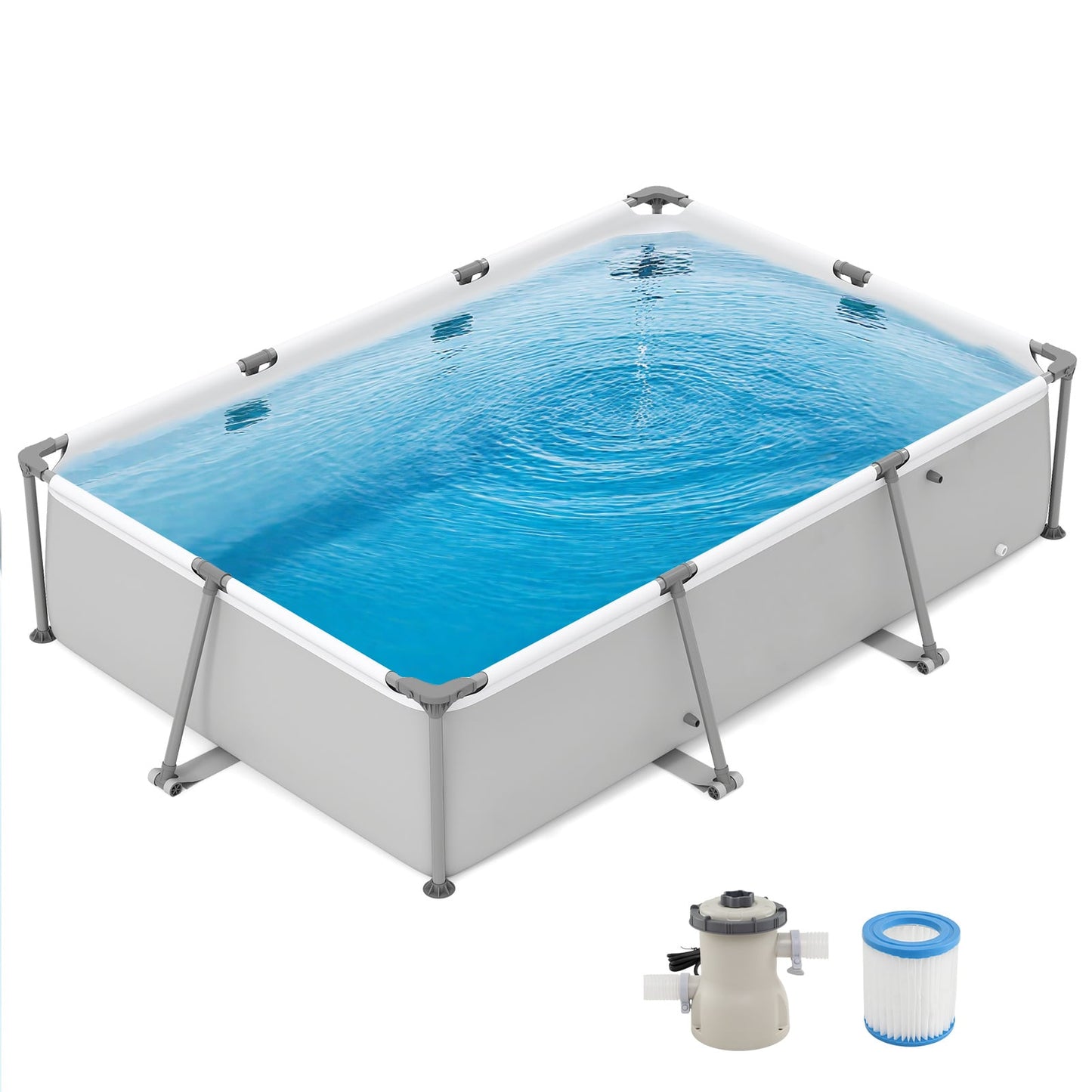 Rectangular Large Swimming Pool Set with Filter Pump-Grey