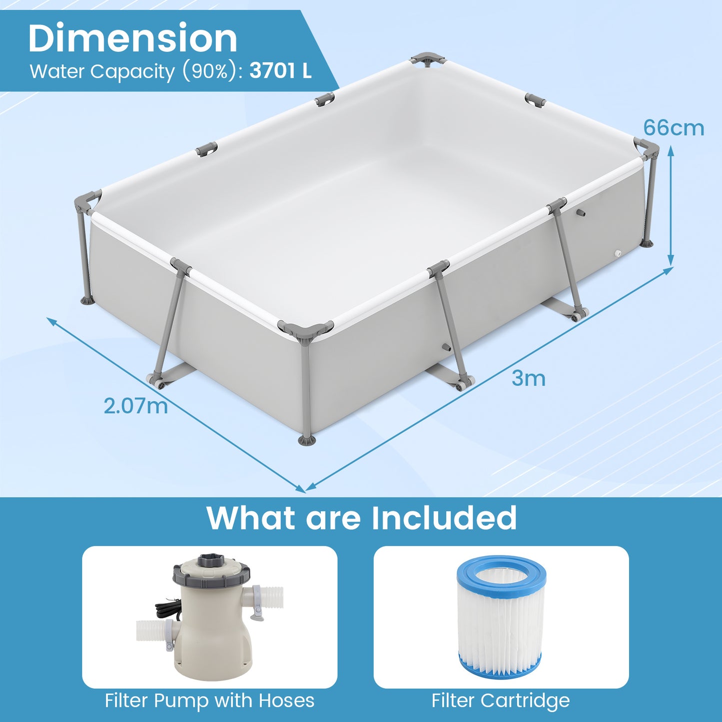 Rectangular Large Swimming Pool Set with Filter Pump-Grey