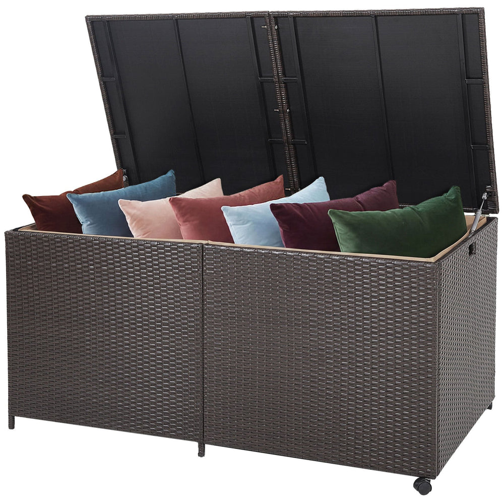 Rectangular PE Wicker Deck Box with Wheels and Zippered Liner for Outdoor-Brown