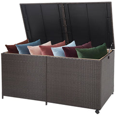 Rectangular PE Wicker Deck Box with Wheels and Zippered Liner for Outdoor-Brown