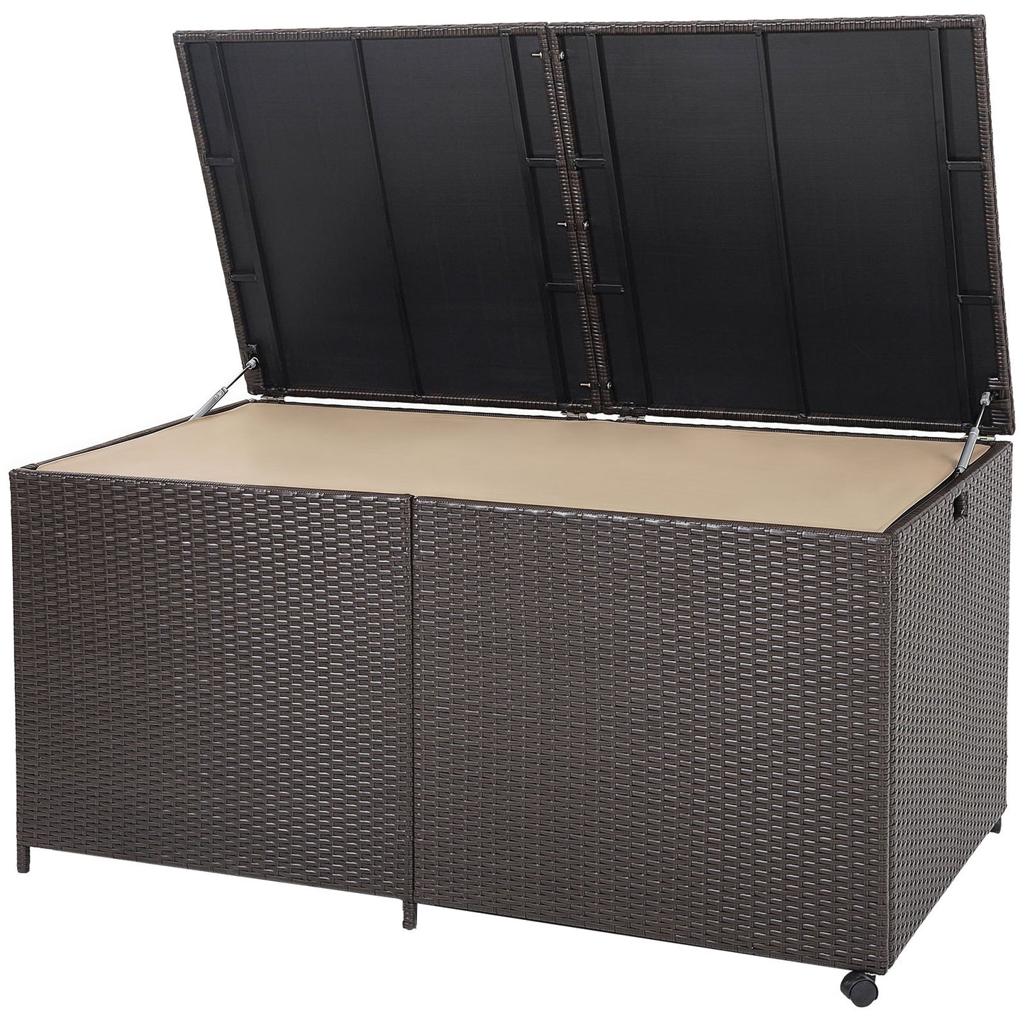 Rectangular PE Wicker Deck Box with Wheels and Zippered Liner for Outdoor-Brown