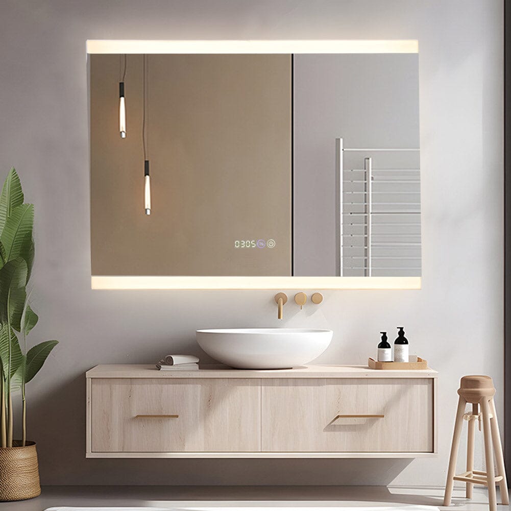 Large Rectangular Frameless Anti-Fog LED Vanity Mirror with Clock