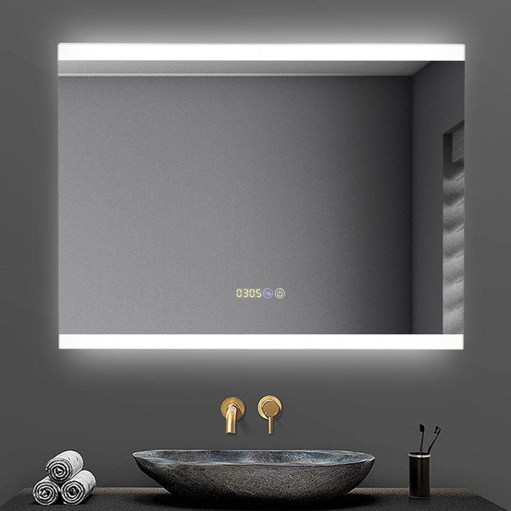 Large Rectangular Frameless Anti-Fog LED Vanity Mirror with Clock