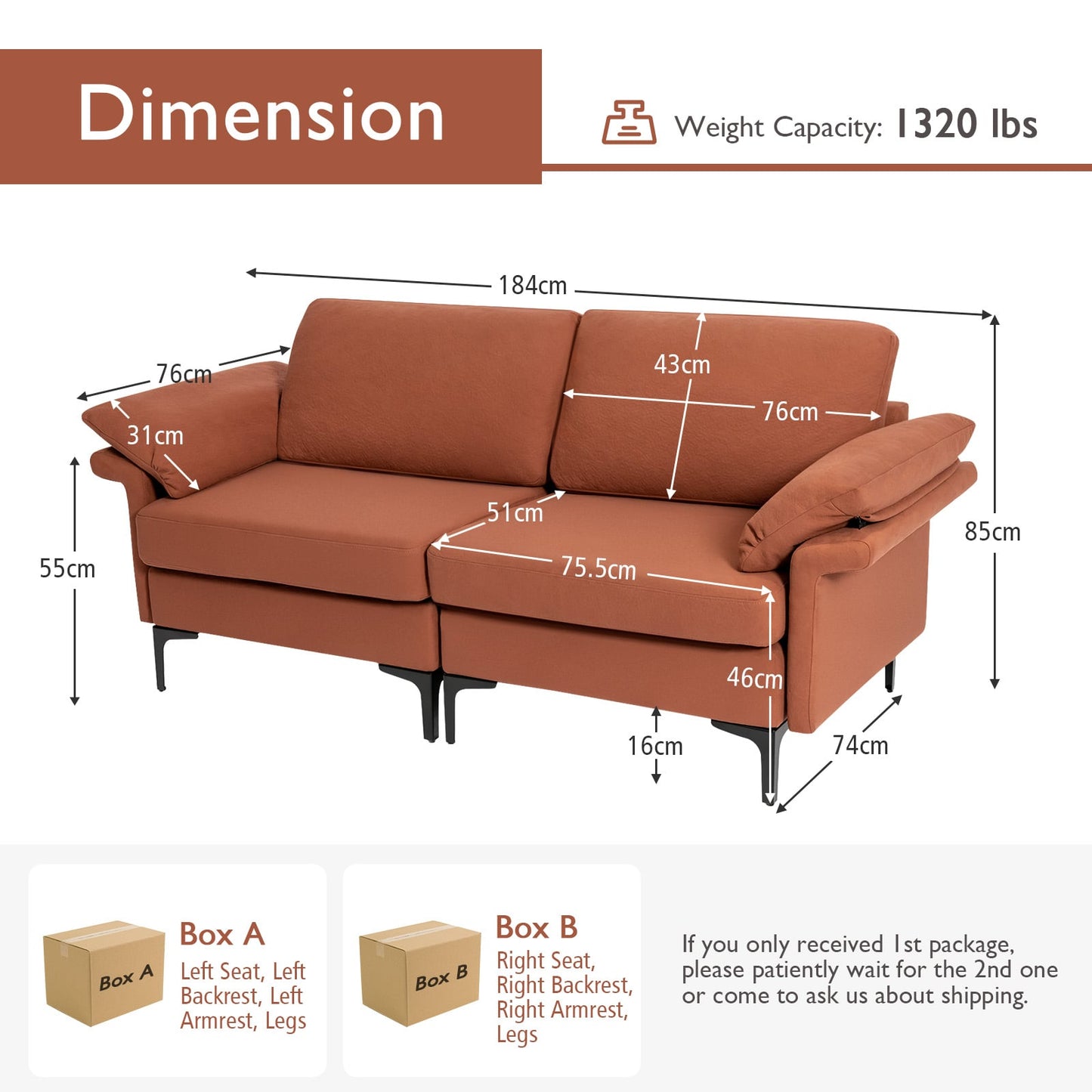 L-Shaped 2-Seater Upholstered Sectional Couch-Red