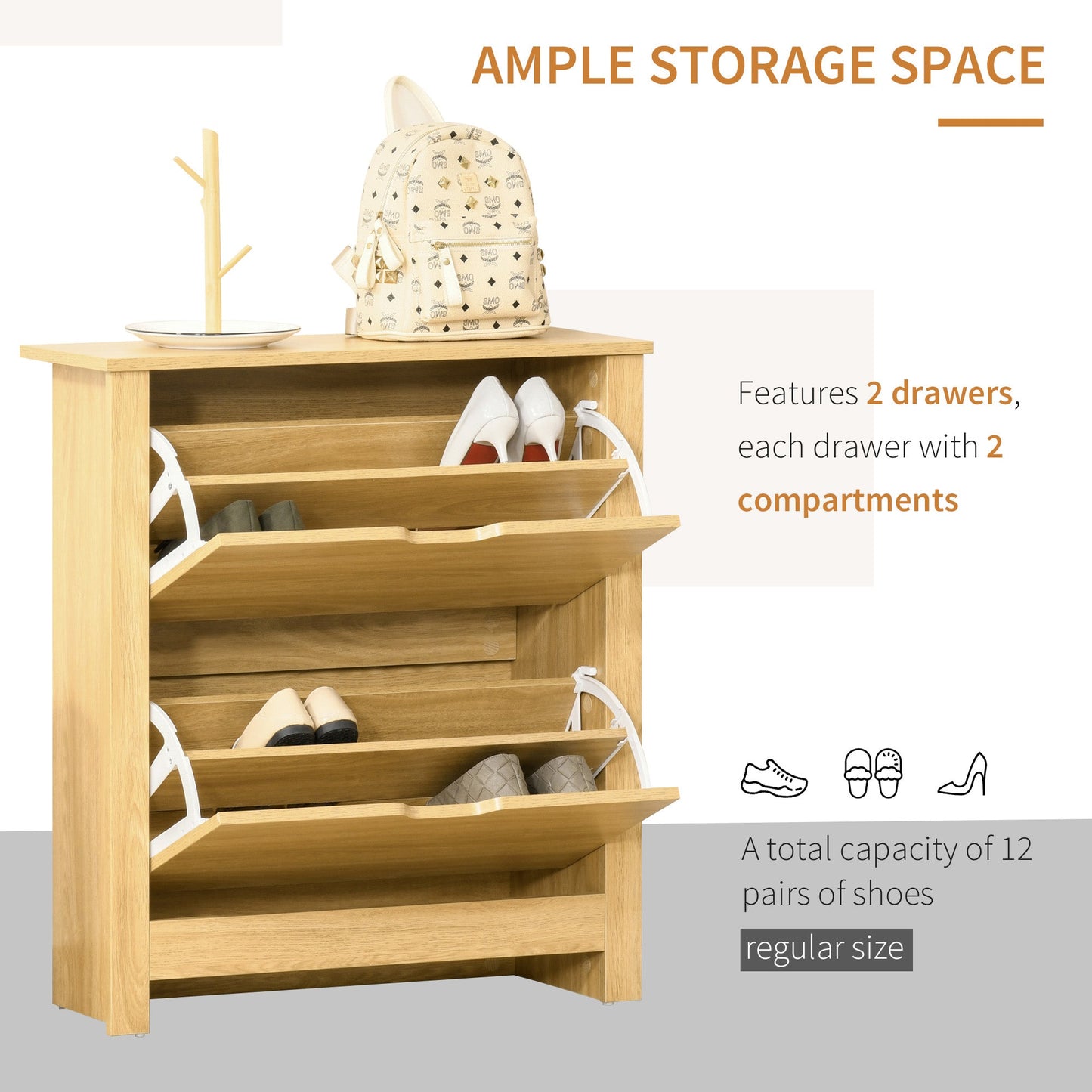 HOMCOM Narrow Shoe Cabinet, Space Saving Shoe Storage Cabinet with 2 Flip Drawers and Adjustable Shelves for 12 Pairs of Shoes for Hallways and Living Room, Natural Wood Finish