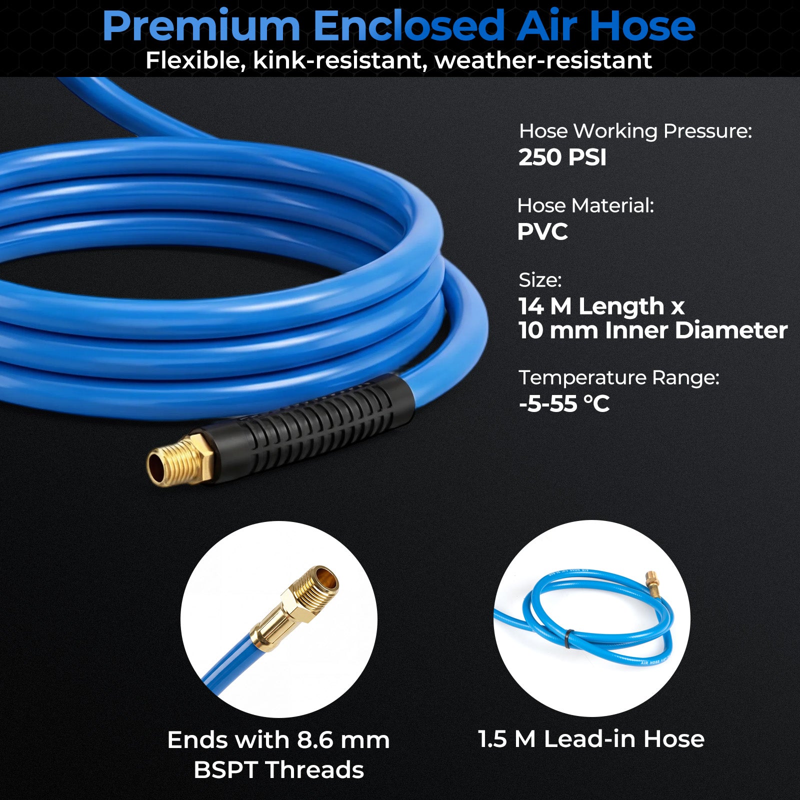 Retractable Air Hose Reel 14M + 1.5M Lead-in 10 mm Enclosed PVC Hose