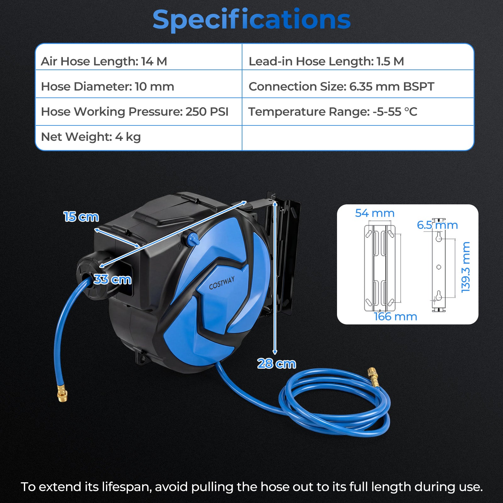 Retractable Air Hose Reel 14M + 1.5M Lead-in 10 mm Enclosed PVC Hose