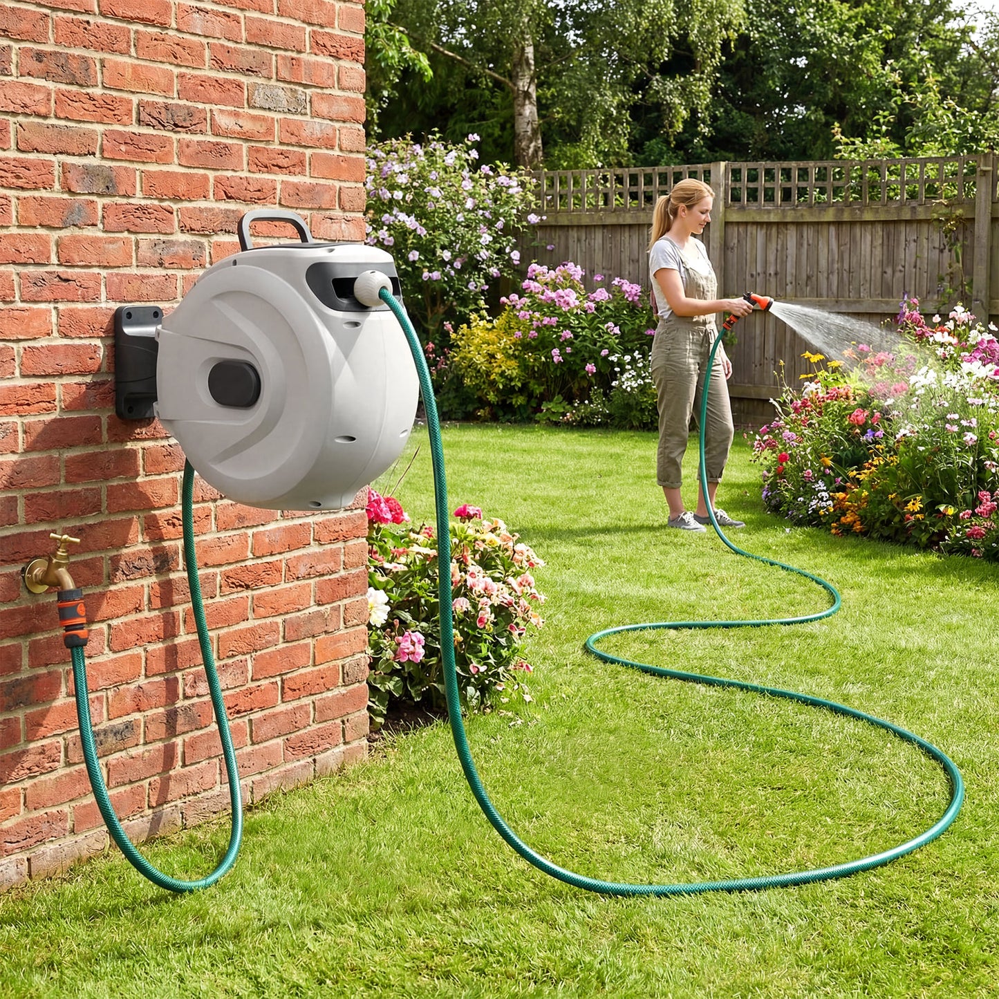Retractable Garden Hose Reel 1.5 cm x 15 m Heavy Duty Wall Mount Hose Reel-White