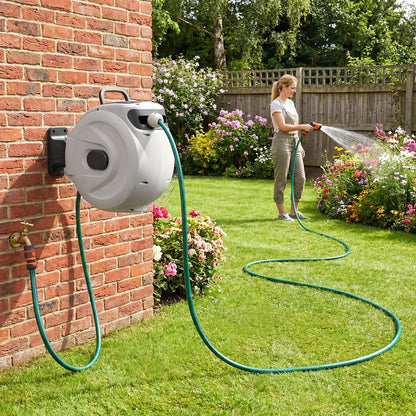 Retractable Garden Hose Reel 1.5 cm x 15 m Heavy Duty Wall Mount Hose Reel-White