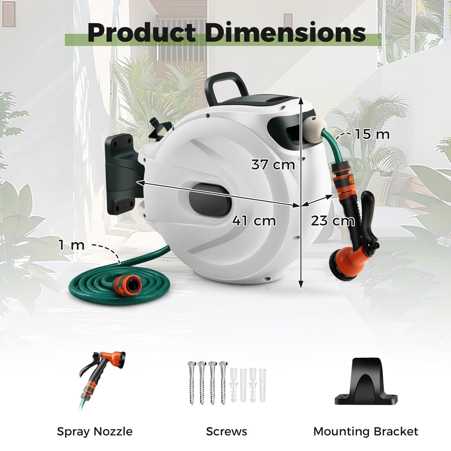 Retractable Garden Hose Reel 1.5 cm x 15 m Heavy Duty Wall Mount Hose Reel-White