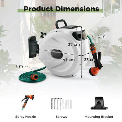 Retractable Garden Hose Reel 1.5 cm x 15 m Heavy Duty Wall Mount Hose Reel-White