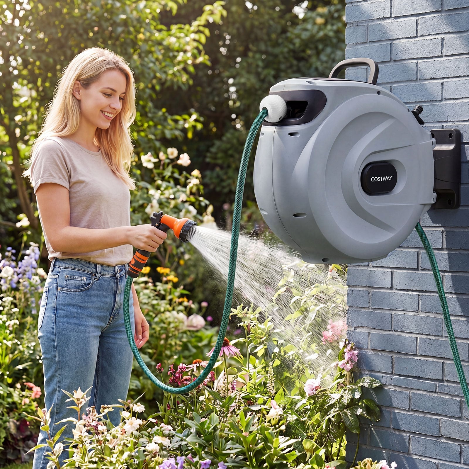 Retractable Garden Hose Reel 1.5 cm x 20 m Heavy Duty Wall Mount Hose Reel-Grey