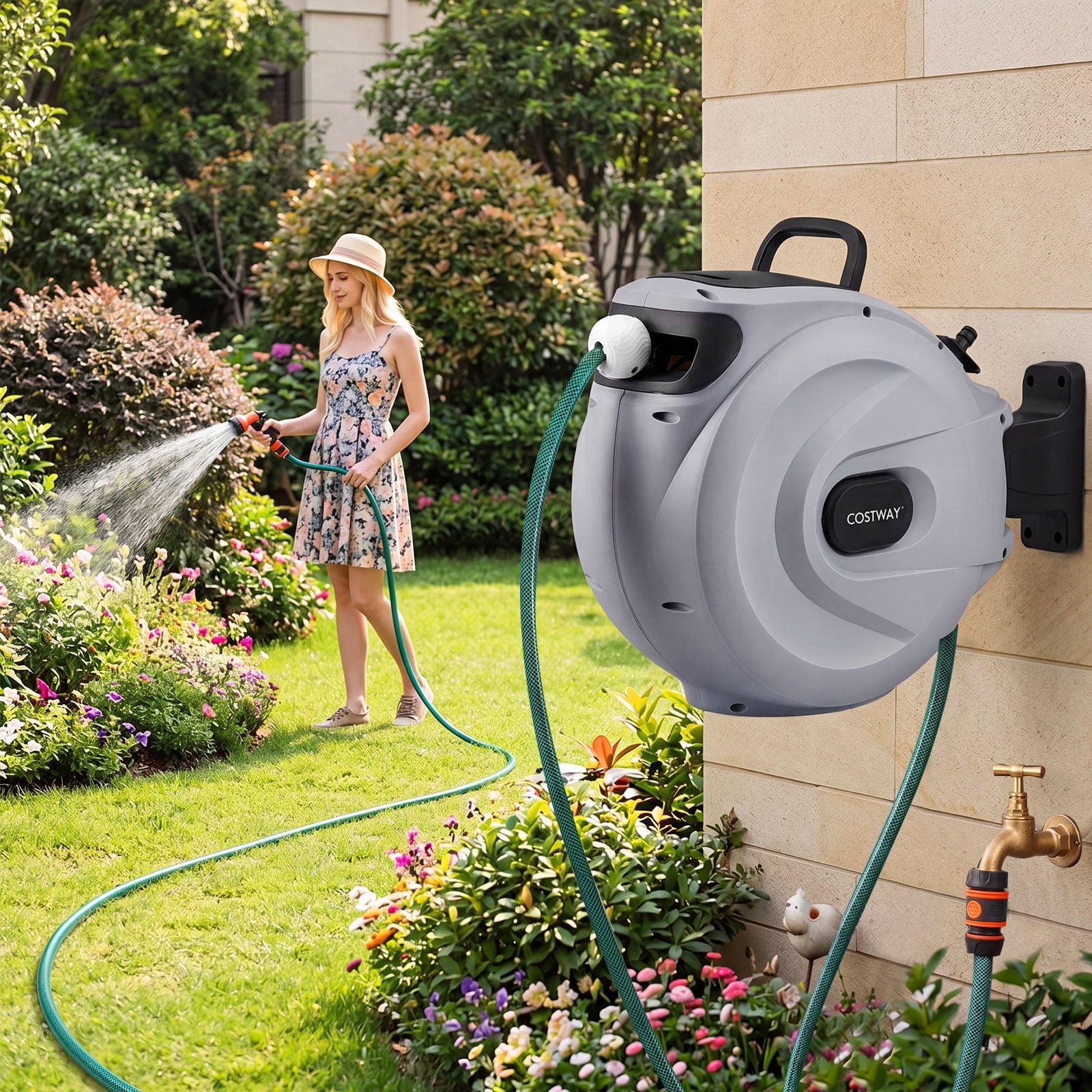 Retractable Garden Hose Reel 1.5 cm x 30 m Heavy Duty Wall Mount Hose Reel-Grey