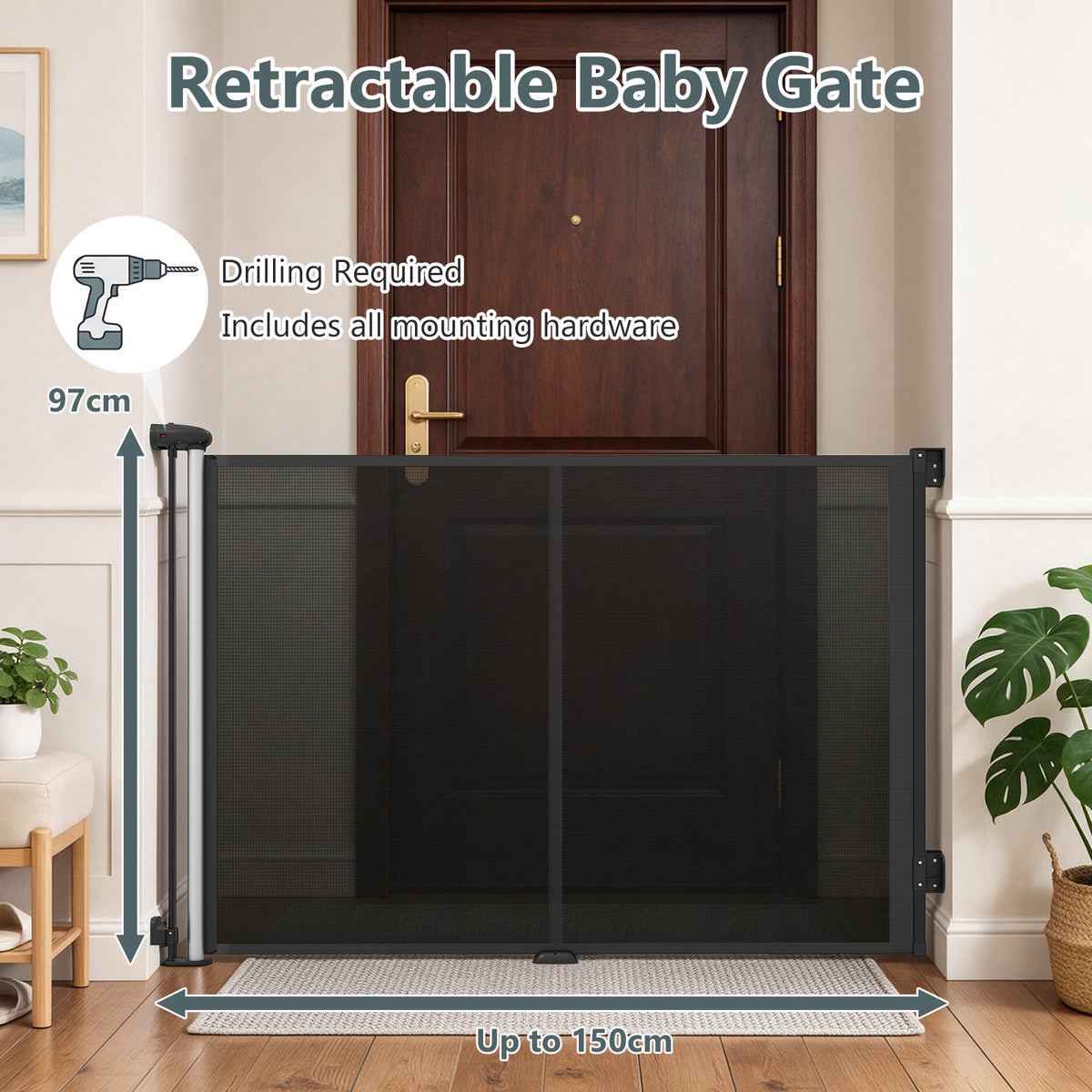 Retractable Safety Barrier up to 140 with Double Locking for Babies and Dogs-Black