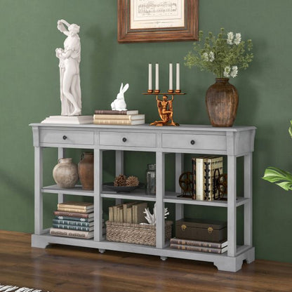 Retro Console Table with 3 Drawers and Open Shelves-Grey