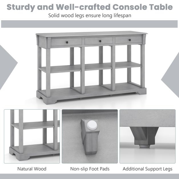 Retro Console Table with 3 Drawers and Open Shelves-Grey