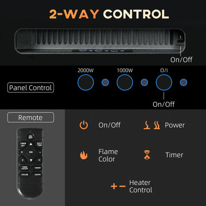 HOMCOM 127cm/50" Electric Fireplace, 2000W Recessed and Wall Mounted Electric Fire with Remote Control, 9 Flame Colour and Crystal, Black