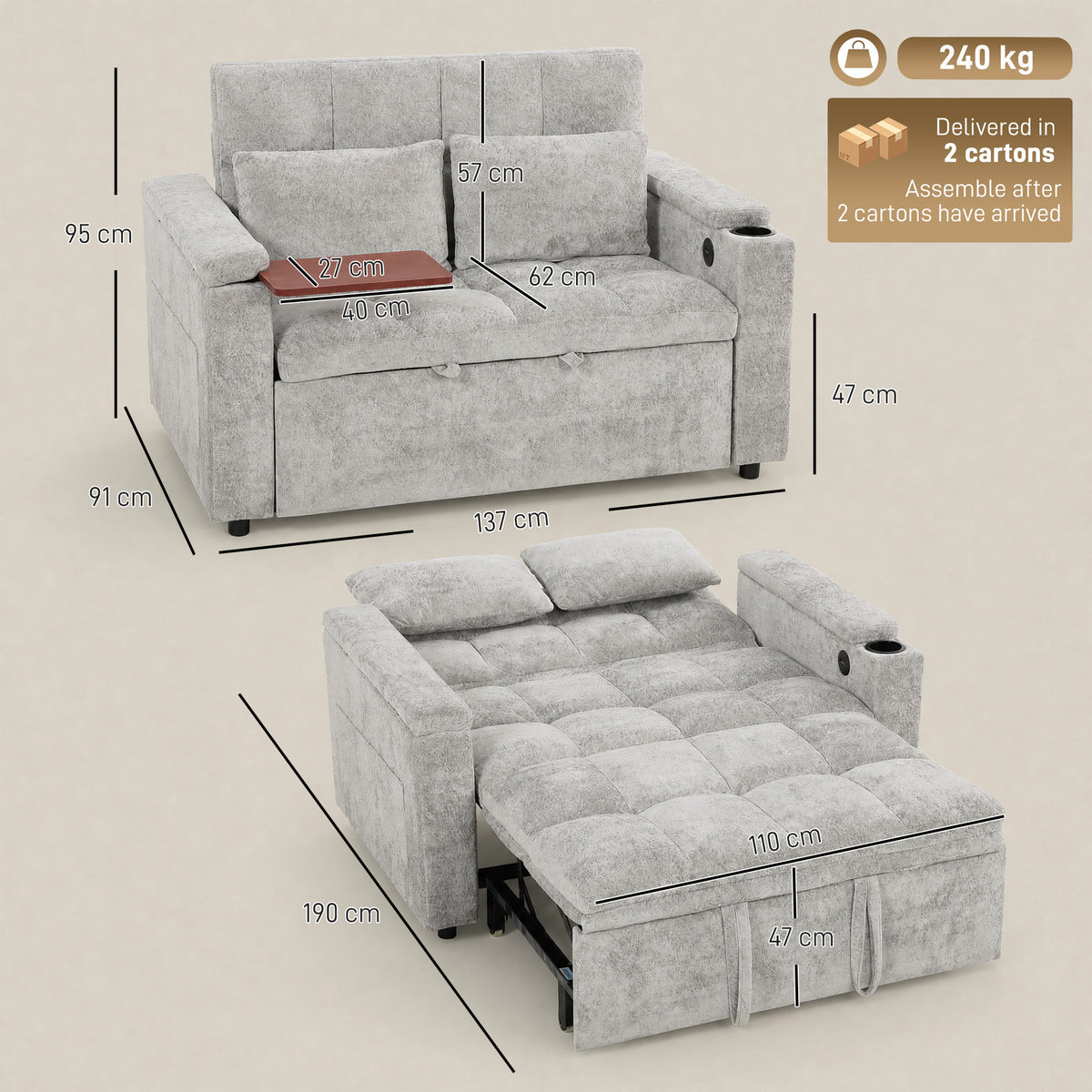 HOMCOM 2 Seater Sofa Bed, 3-in-1 Convertible Pull Out Sleeper Bed with Hidden Table, USB Port, Armrest Storage, Grey