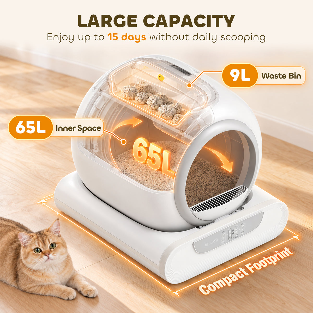 PawHut Self Cleaning Cat Litter Tray, Automatic Cat Litter Tray w/ APP Control, 65L Extra Large Capacity, 9L Waste Bin