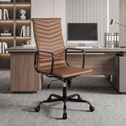 Ribbed Office Chair High Back PU Leather for Home Office with Adjustable Height-Brown