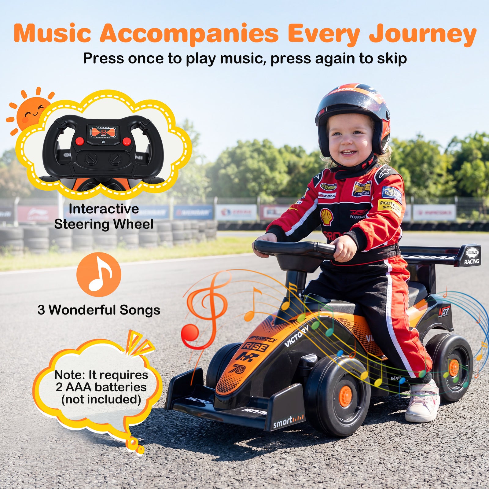 Ride on Car Toddler Sliding Car with 3 Songs Under-Seat Storage-Orange
