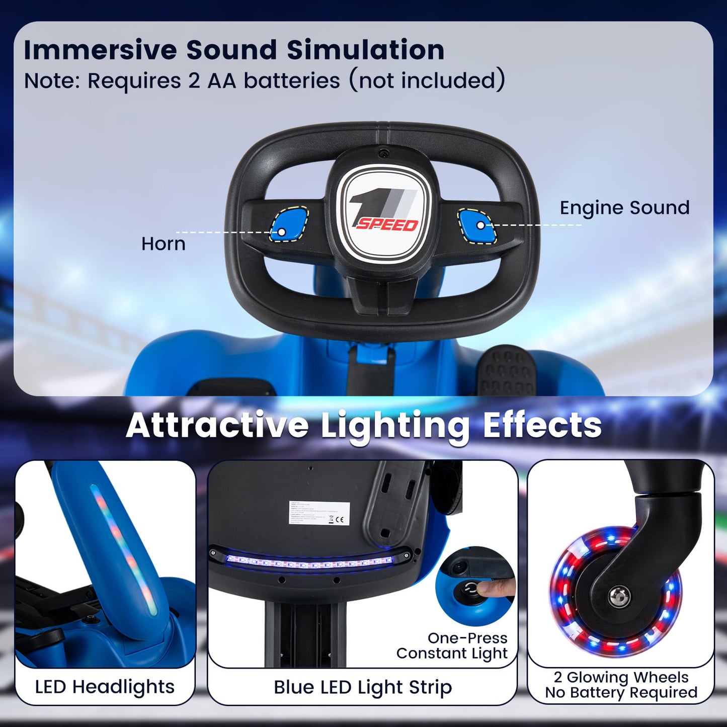 Ride on Drift Car for Kids 2-In-1 Go Kart with Adjustable Seat Sound LED Lights-Blue