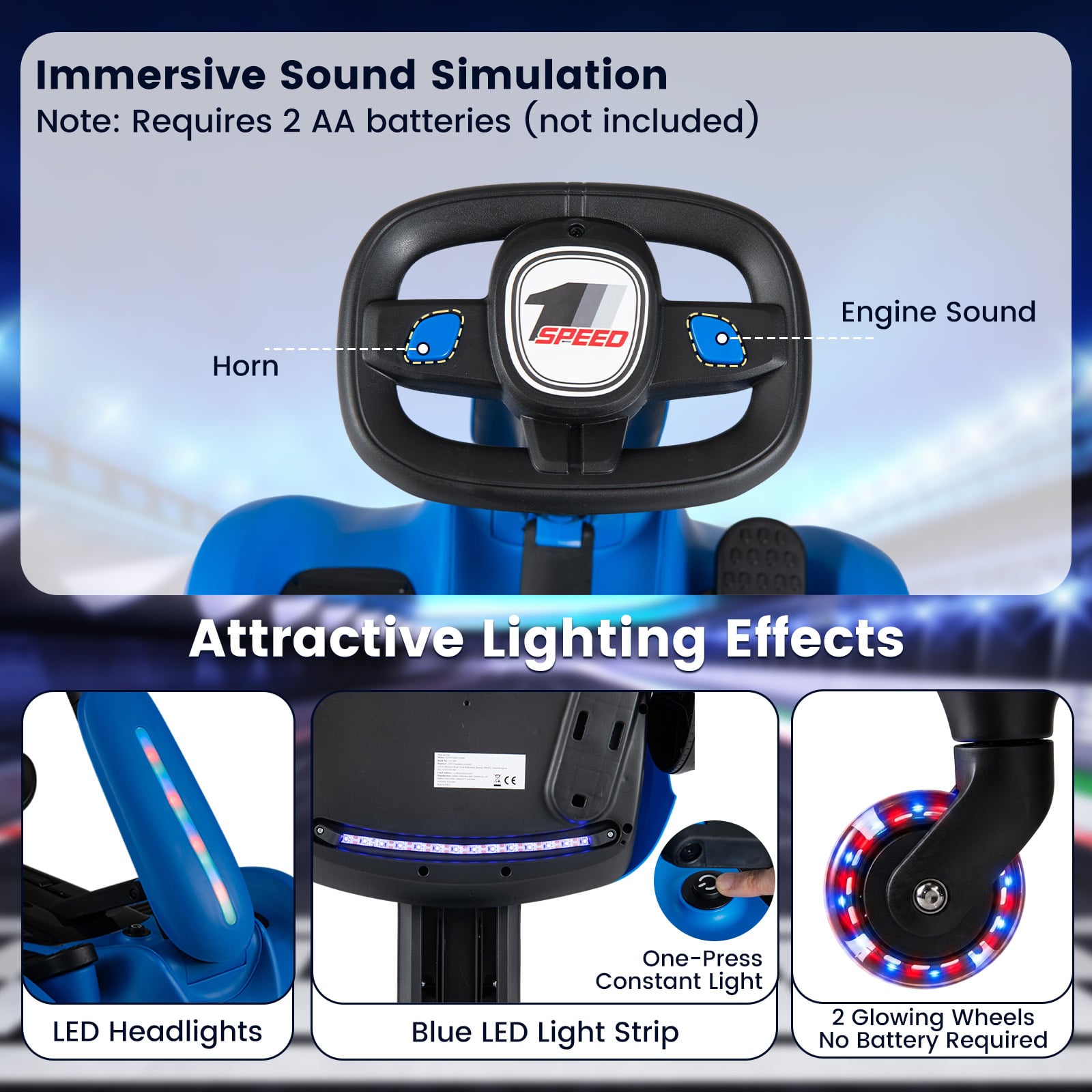 Ride on Drift Car for Kids 2-In-1 Go Kart with Adjustable Seat Sound LED Lights-Blue